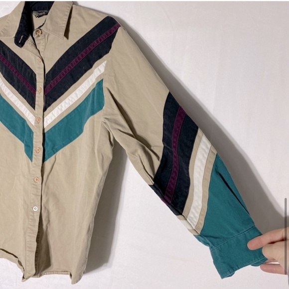 Vintage Spindle River Beige Teal Long Sleeve Button Up Shirt M - Picture 10 of 15